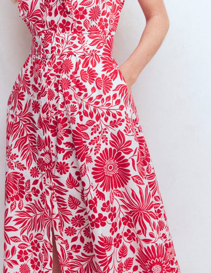 Ruffle Bodice Shirt Dress-Merida Red, Flowerbed Bloom