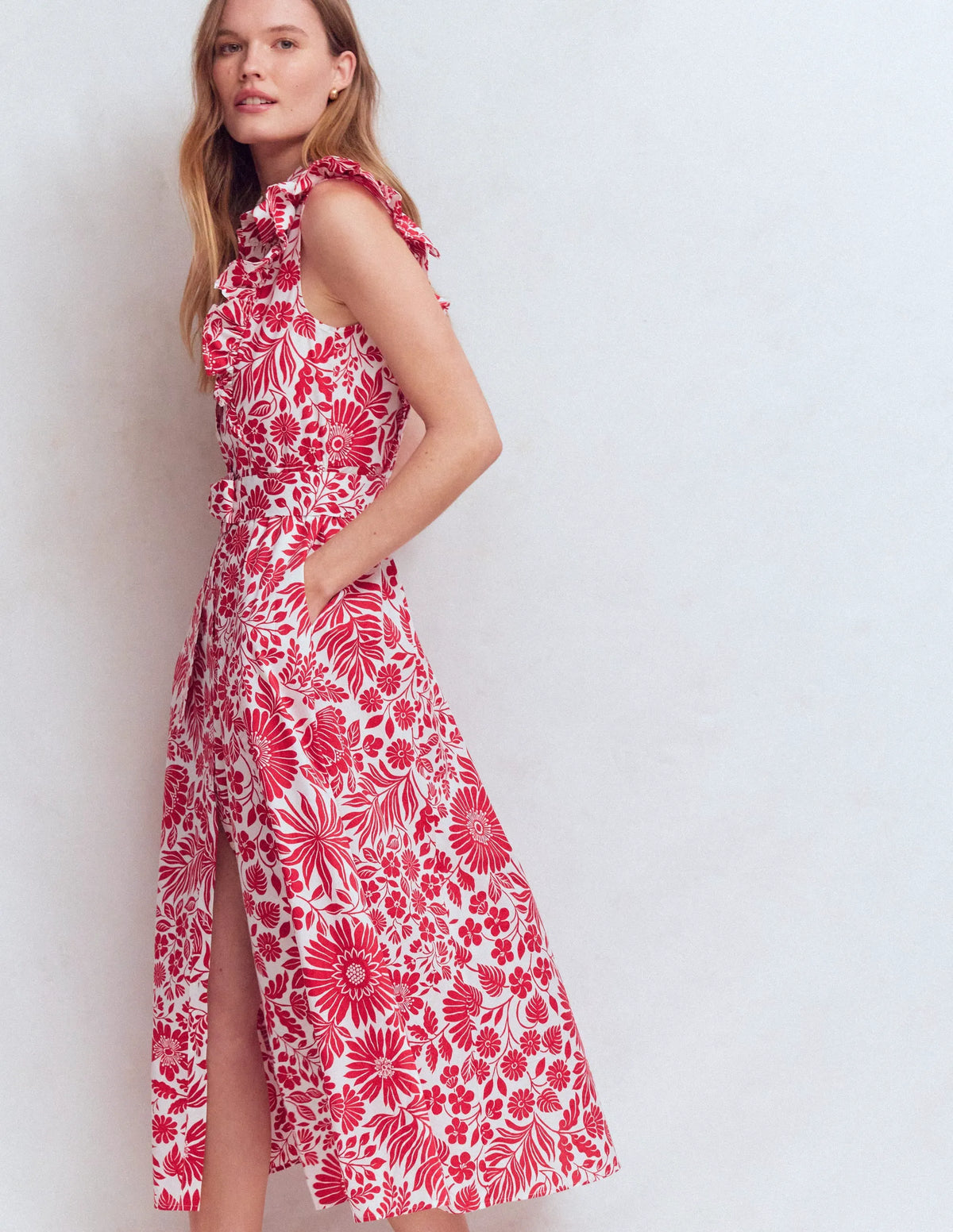 Ruffle Bodice Shirt Dress-Merida Red, Flowerbed Bloom
