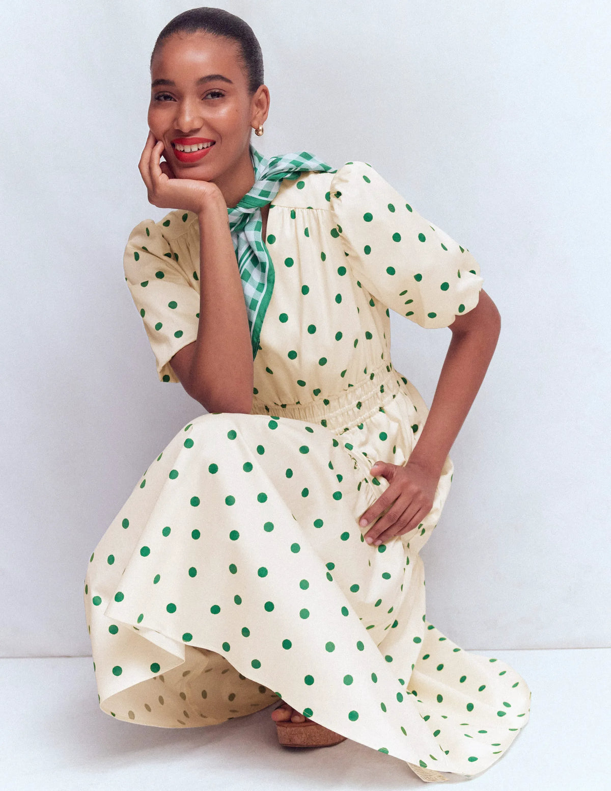 Irene Puff Sleeve Cotton Dress-Papyrus, Painted Dot Spaced