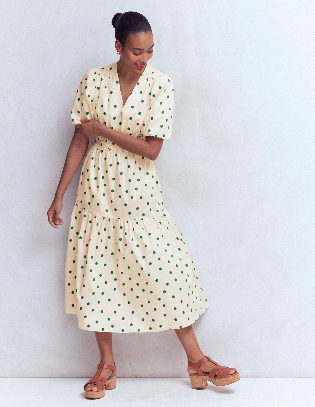 Irene Puff Sleeve Cotton Dress-Papyrus, Painted Dot Spaced