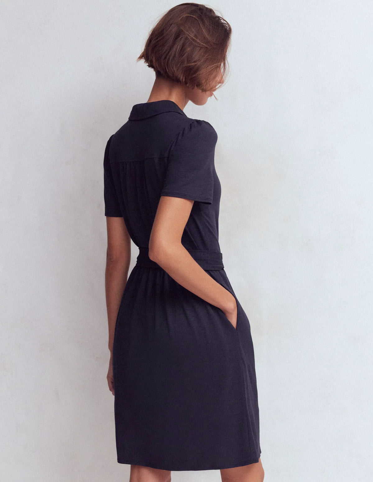 Patti Short Jersey Shirt Dress-Navy