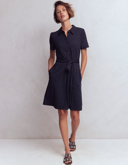 Patti Short Jersey Shirt Dress-Navy