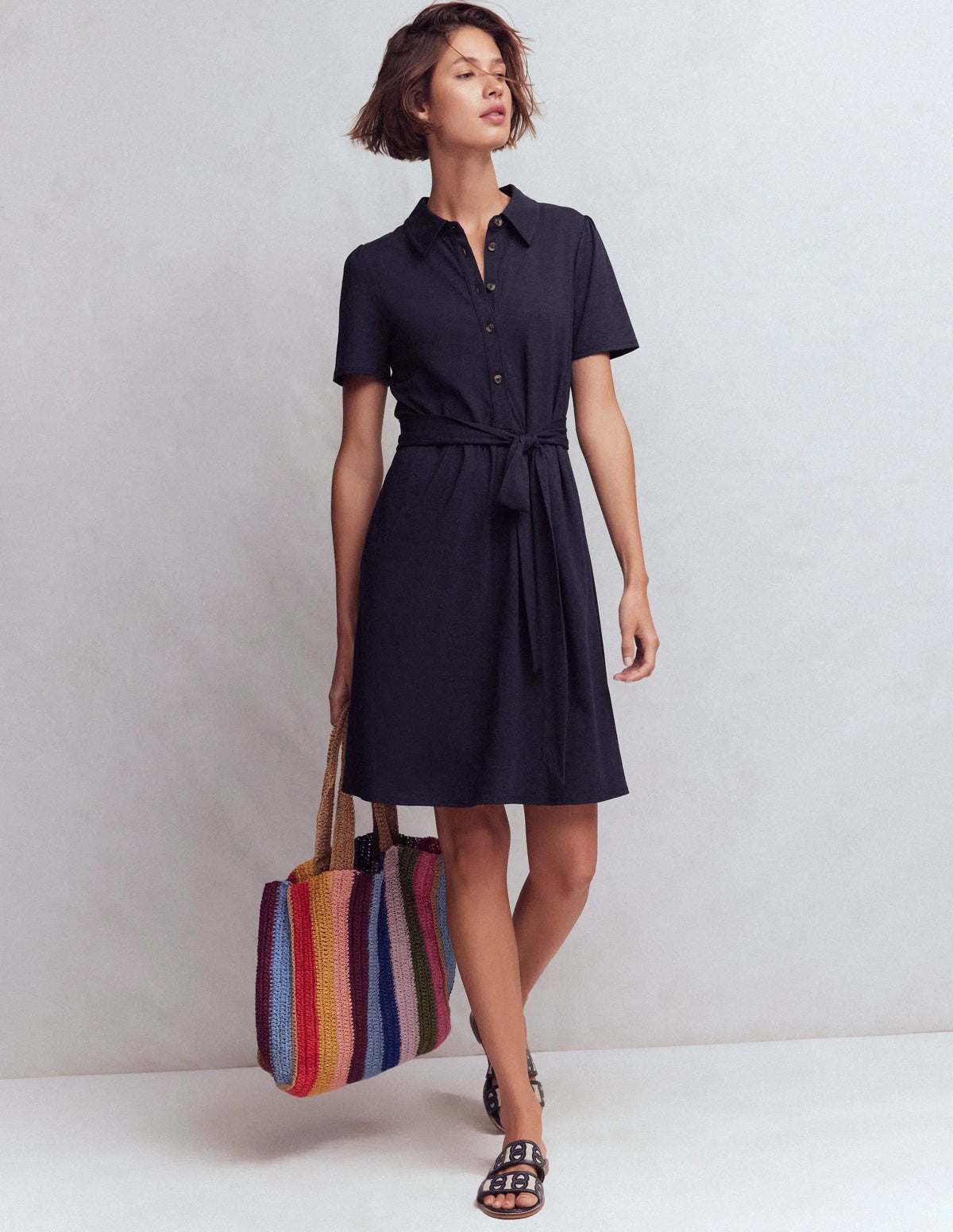 Patti Short Jersey Shirt Dress-Navy