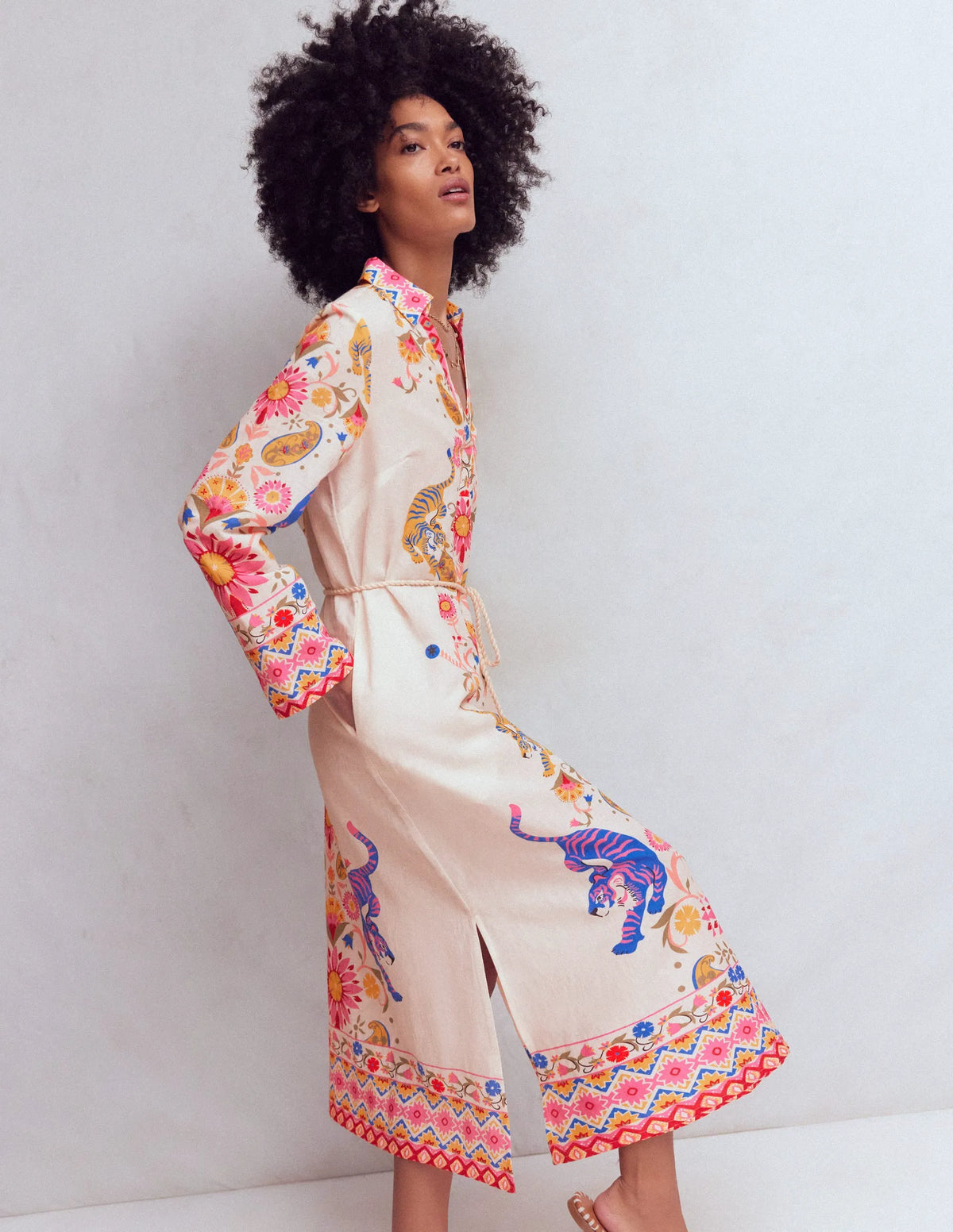Notch Collar Linen Blend Tunic-Multi Tiger Tapestry