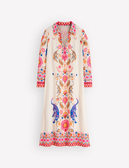 Notch Collar Linen Blend Tunic-Multi Tiger Tapestry