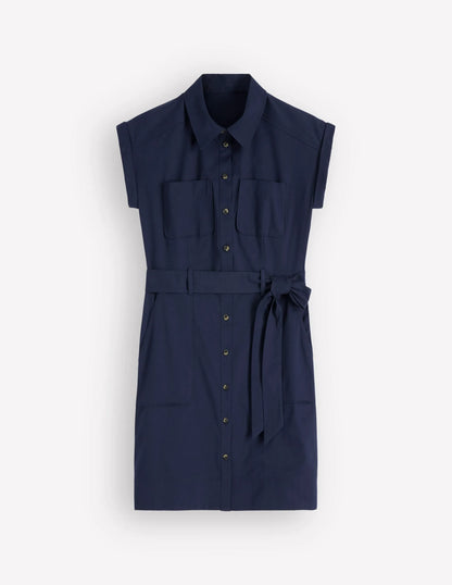 Short Belted Shirt Dress-Navy