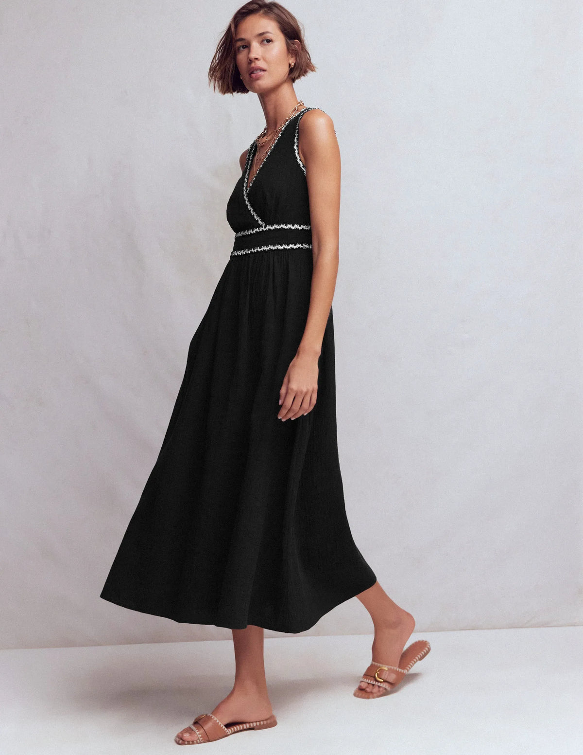 Lorna Trim Double Cloth Dress-Black Ivory