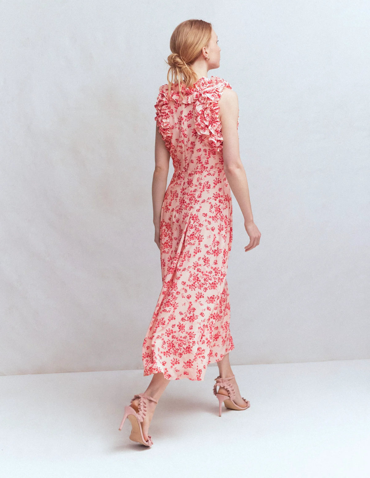 Ruffle Silk Midi Dress-Pink Bloom Scatter Mono