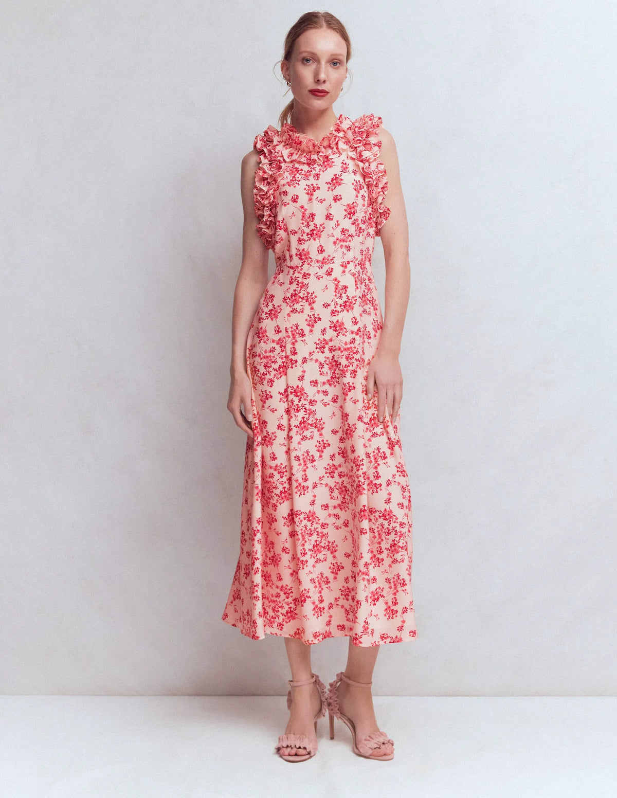 Ruffle Silk Midi Dress-Pink Bloom Scatter Mono