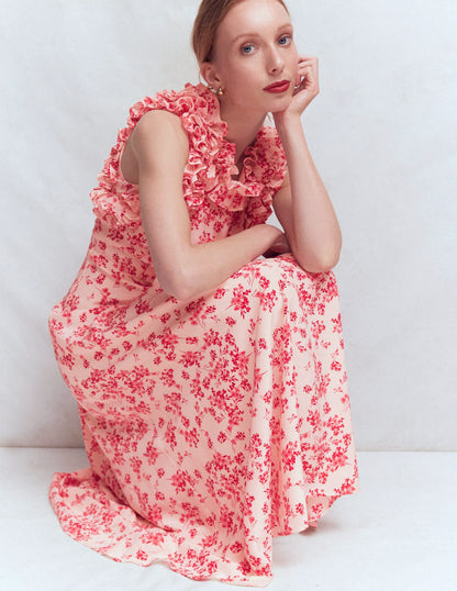 Ruffle Silk Midi Dress-Pink Bloom Scatter Mono