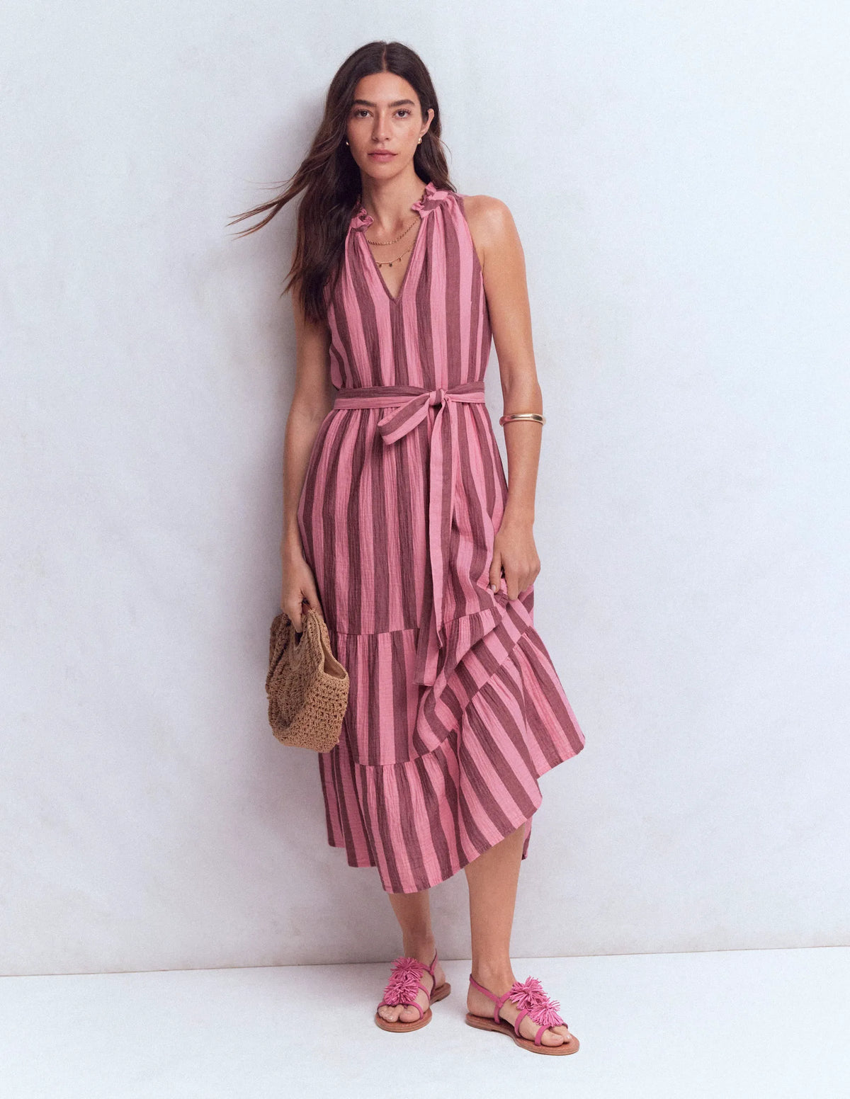 Viv Double Cloth Maxi Dress-Brown Pink Stripe