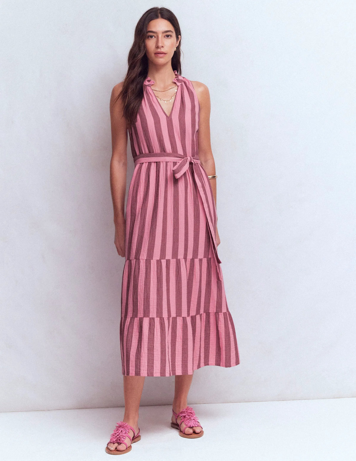 Viv Double Cloth Maxi Dress-Brown Pink Stripe