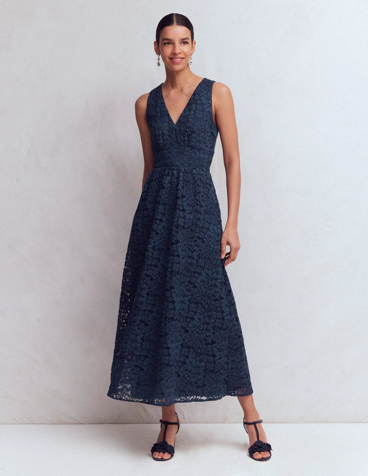 Lace Plunge Neck Panel Dress-Navy