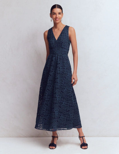 Lace Plunge Neck Panel Dress-Navy