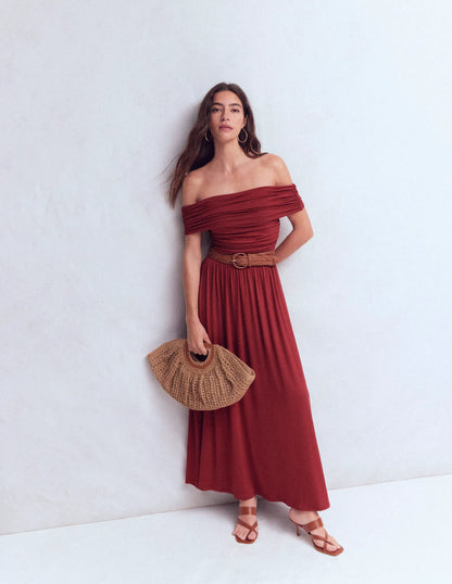 Ruched Bardot Maxi Dress-Burgundy