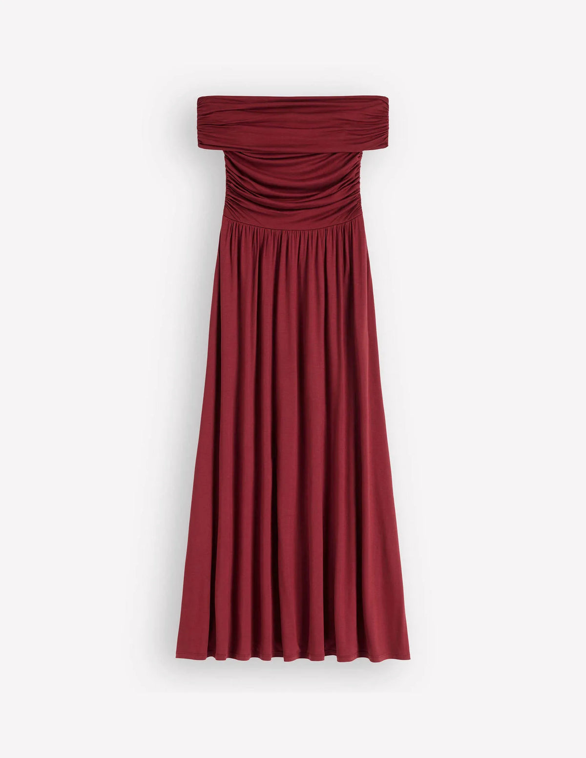 Ruched Bardot Maxi Dress-Burgundy