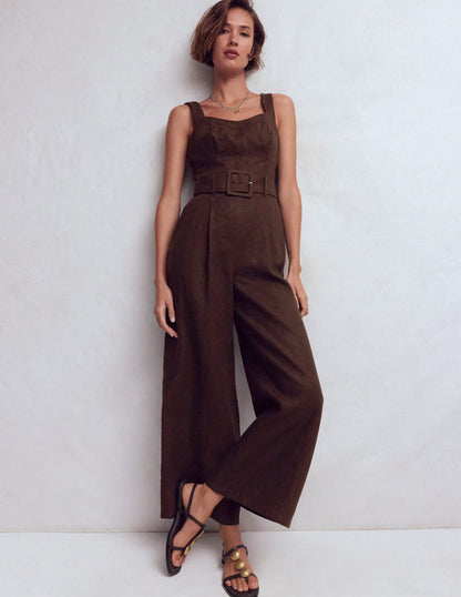 Panelled Bodice Linen Jumpsuit-Bitter Chocolate