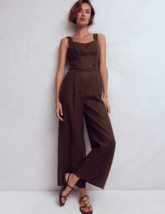 Panelled Bodice Linen Jumpsuit-Bitter Chocolate