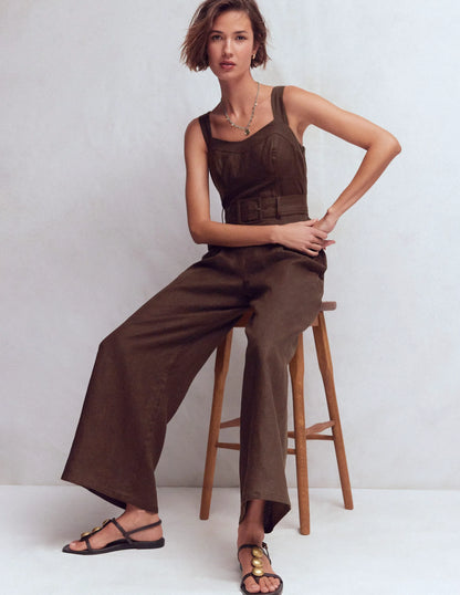 Panelled Bodice Linen Jumpsuit-Bitter Chocolate