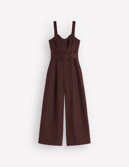 Panelled Bodice Linen Jumpsuit-Bitter Chocolate