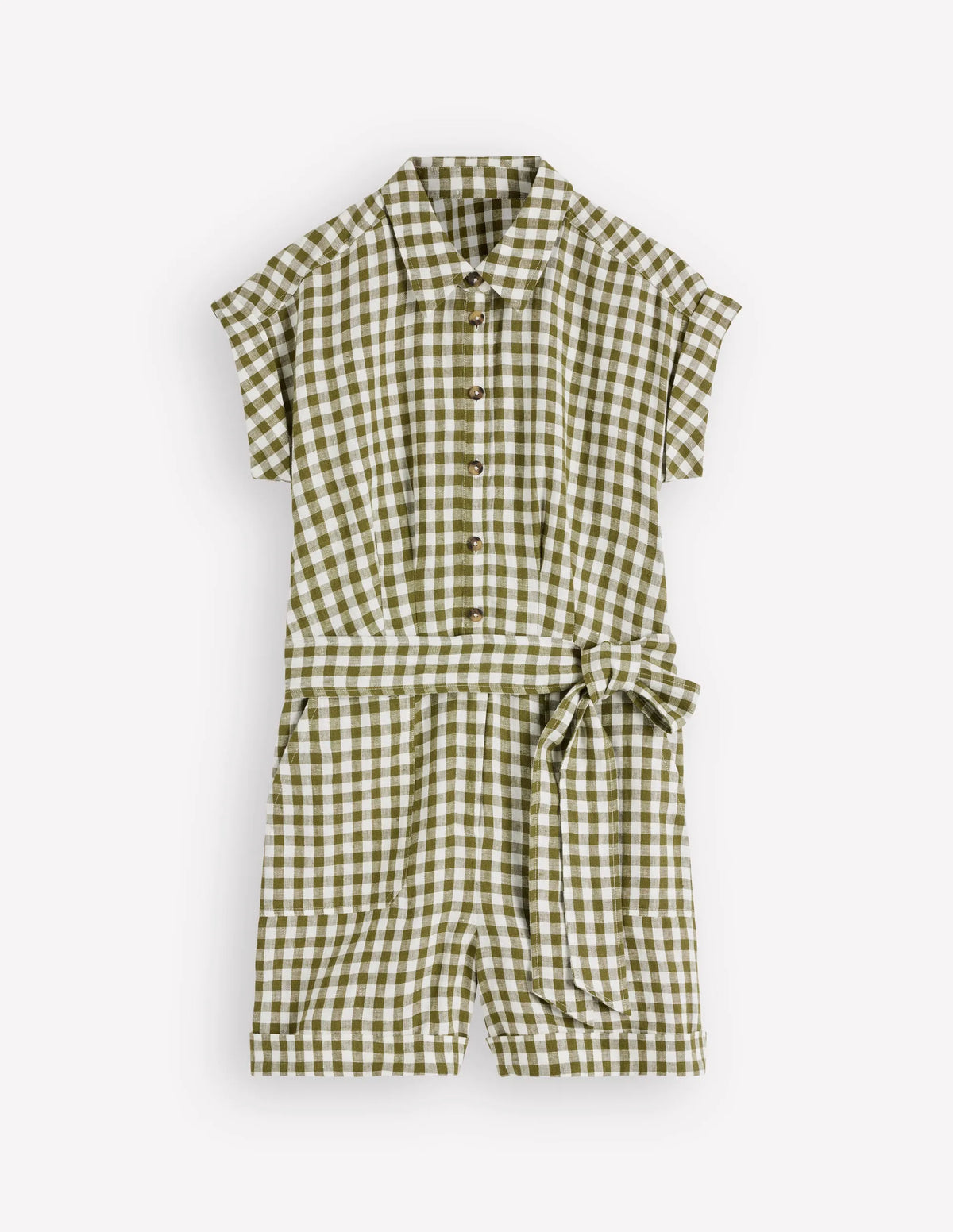 Kay Linen Playsuit-Olive, Ivory Gingham