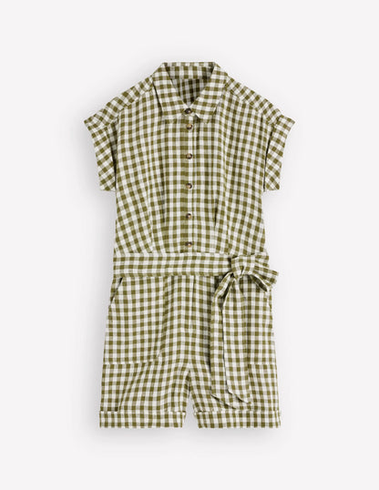 Kay Linen Playsuit-Olive, Ivory Gingham