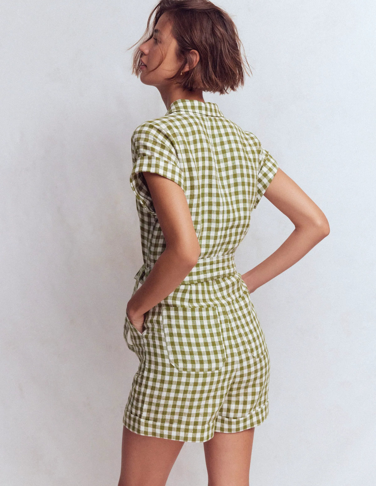 Kay Linen Playsuit-Olive, Ivory Gingham