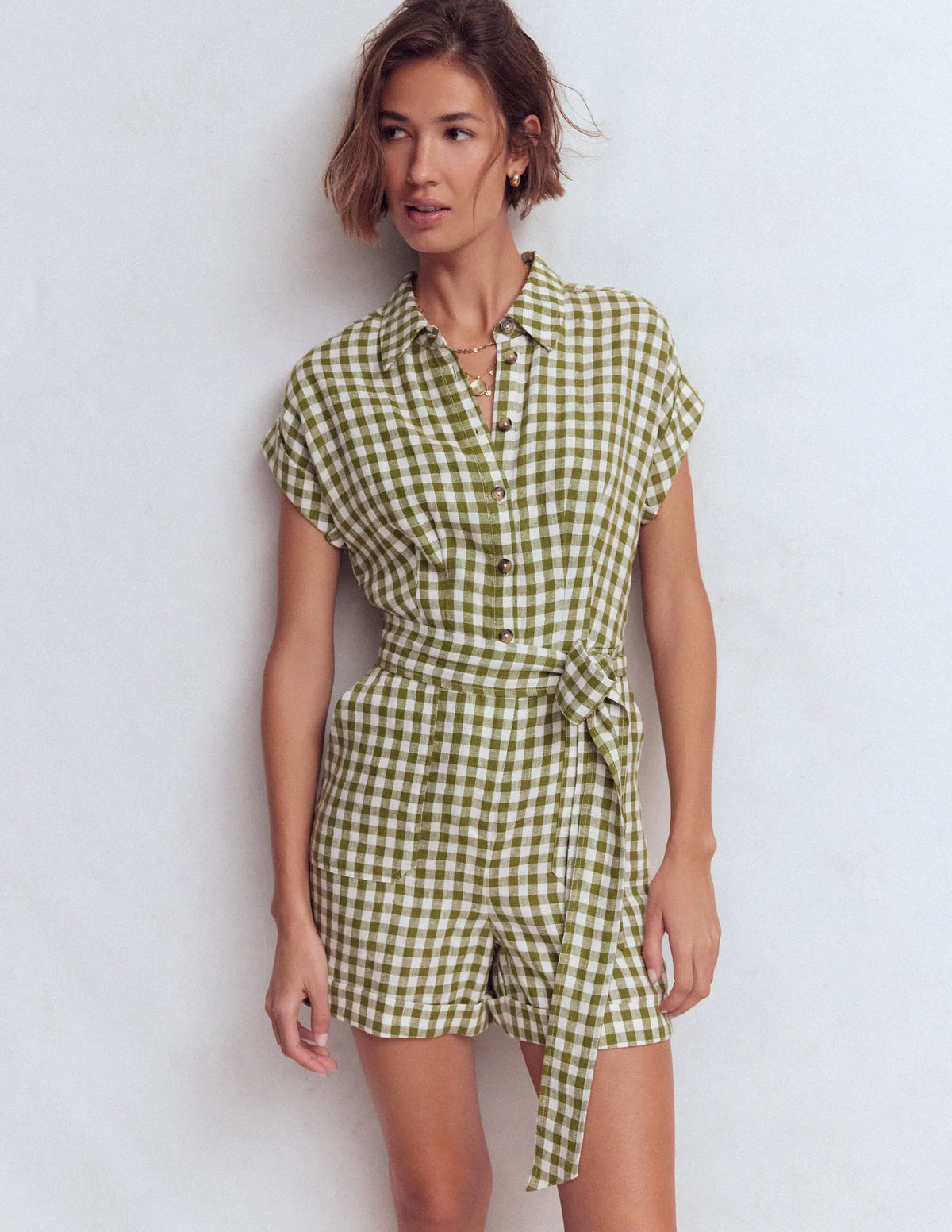 Kay Linen Playsuit-Olive, Ivory Gingham