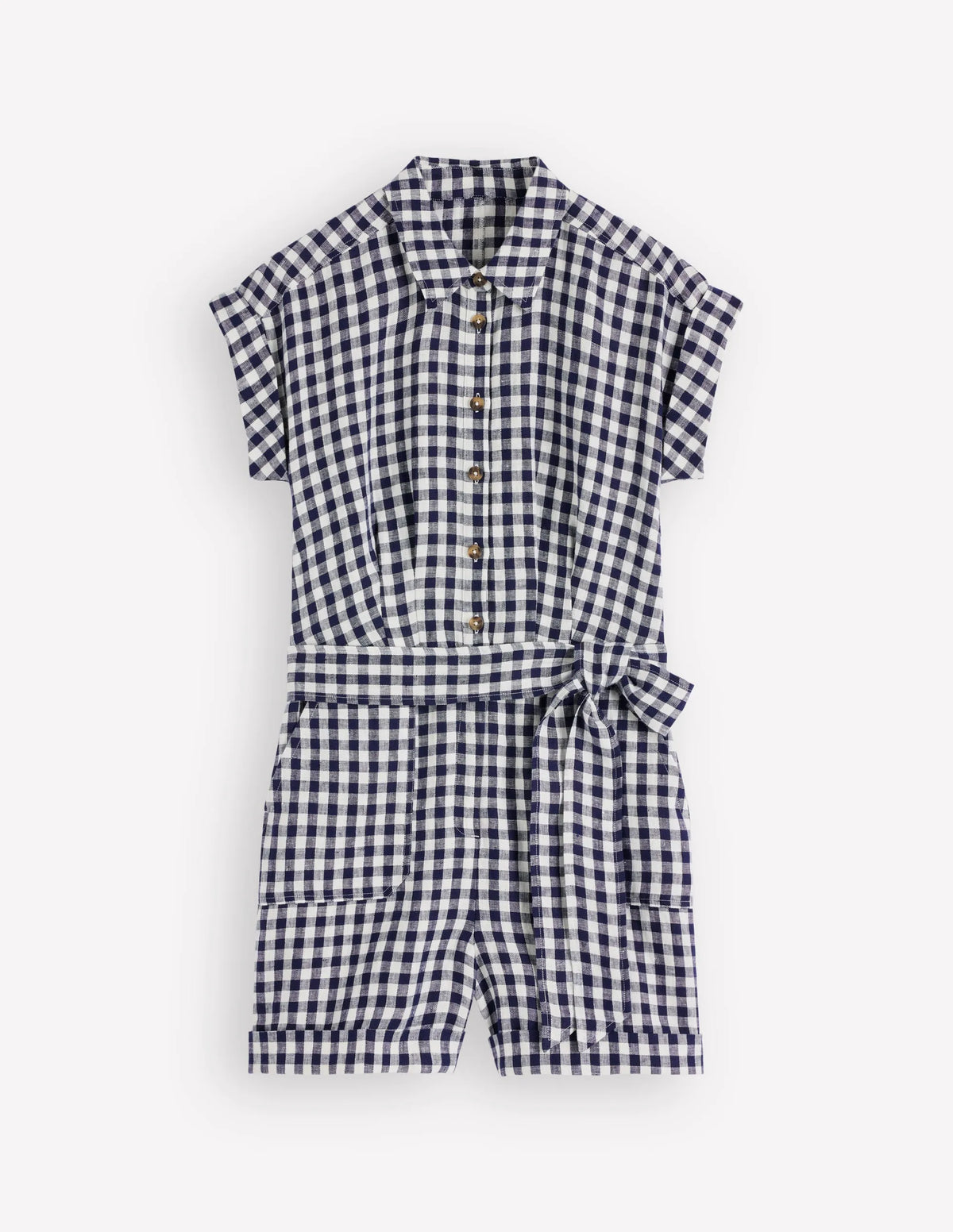 Kay Linen Playsuit-Navy, Ivory Gingham