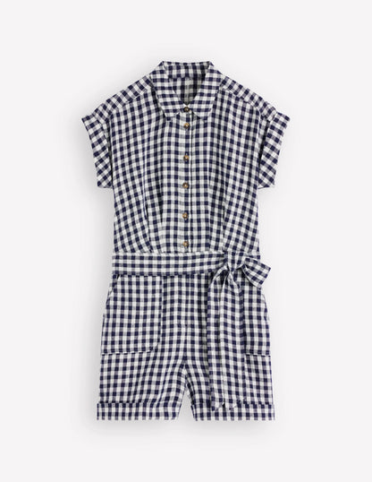 Kay Linen Playsuit-Navy, Ivory Gingham