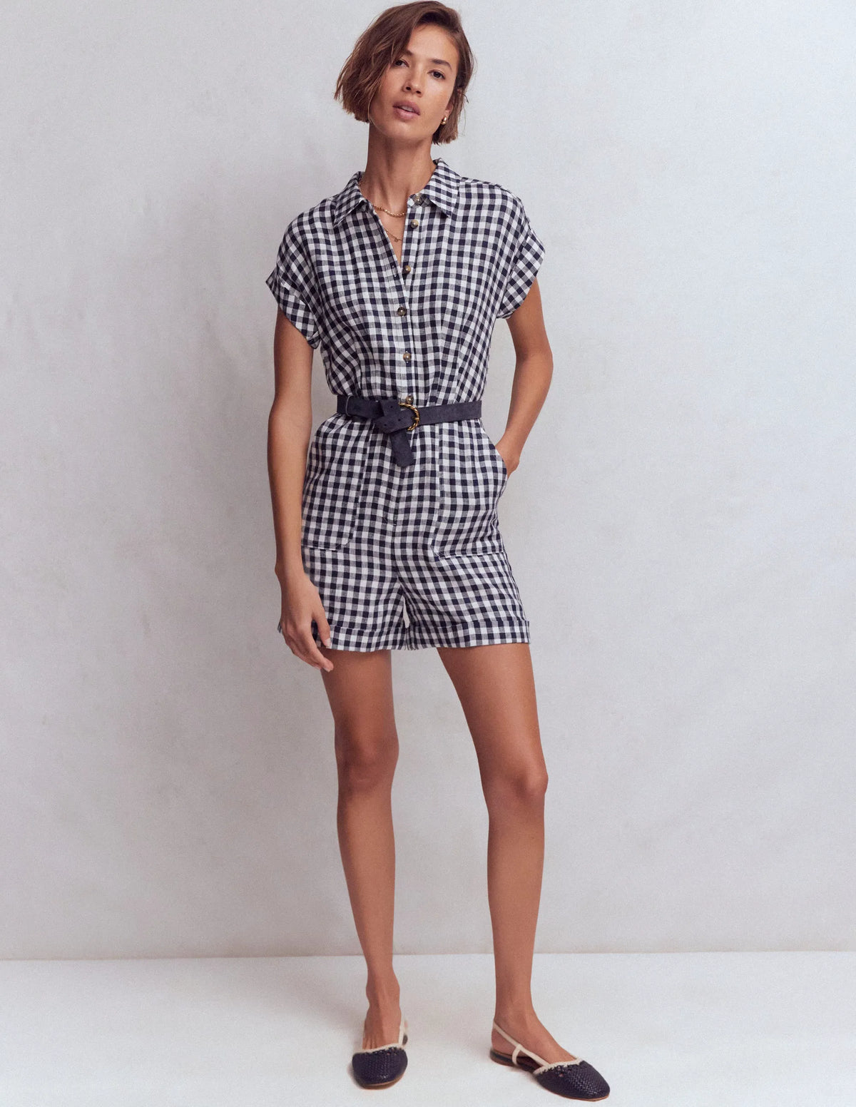 Kay Linen Playsuit-Navy, Ivory Gingham