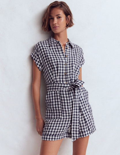 Kay Linen Playsuit-Navy, Ivory Gingham