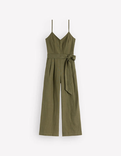Linen Strappy Jumpsuit-Winter Moss