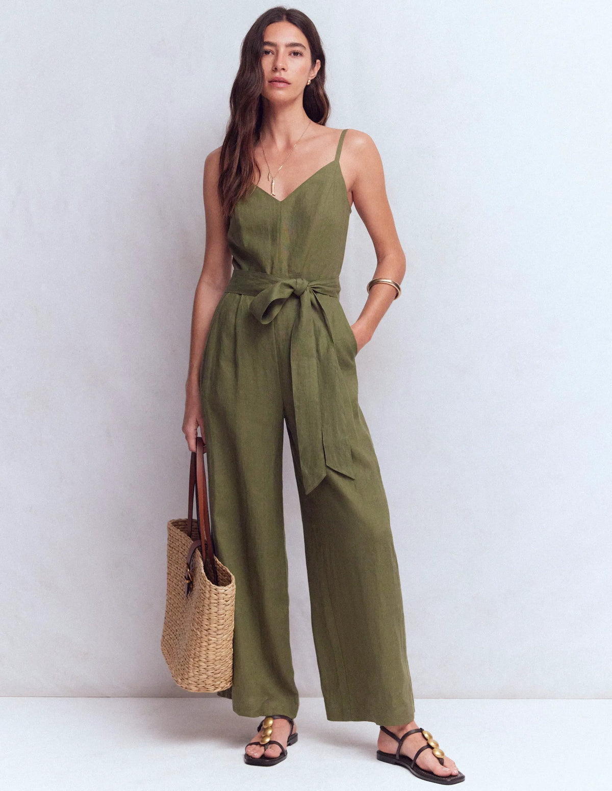 Linen Strappy Jumpsuit-Winter Moss