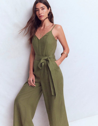 Linen Strappy Jumpsuit-Winter Moss