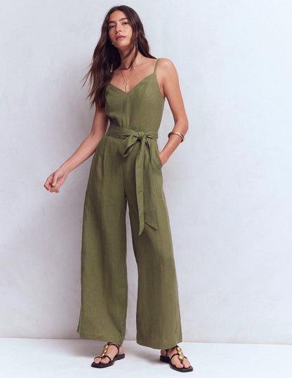 Linen Strappy Jumpsuit-Winter Moss