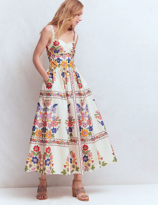 Fit and Flare Midi Dress-Multi Meadow Flowers Lattice