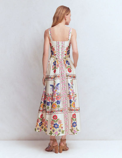 Fit and Flare Midi Dress-Multi Meadow Flowers Lattice