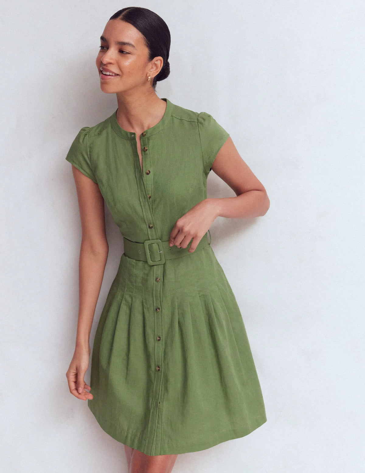 Arabella Short Linen Dress-Safari Green