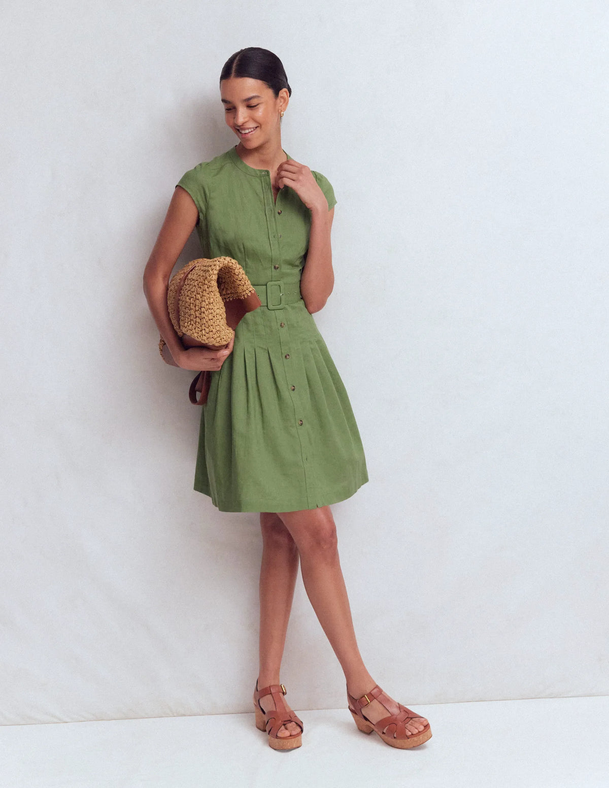 Arabella Short Linen Dress-Safari Green