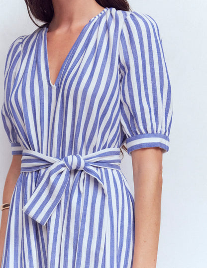 Double Cloth Puff Sleeve Dress-Blue Ivory Stripe