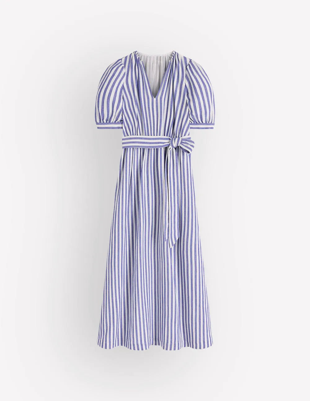 Double Cloth Puff Sleeve Dress-Blue Ivory Stripe
