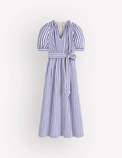 Double Cloth Puff Sleeve Dress-Blue Ivory Stripe