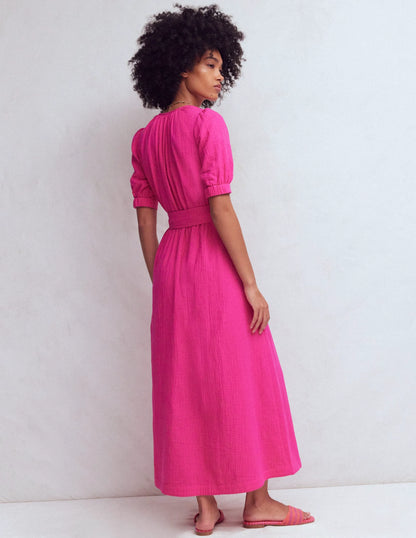 Double Cloth Puff Sleeve Dress-Bright Pink