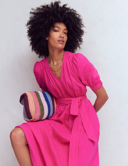 Double Cloth Puff Sleeve Dress-Bright Pink