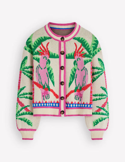 Abi Jacquard Cardigan-Warm Ivory, Palm Tree Birds