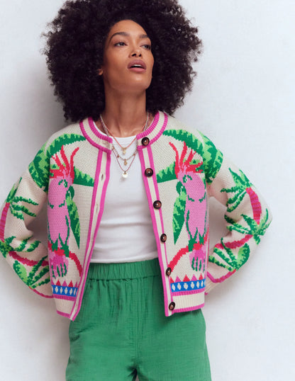 Abi Jacquard Cardigan-Warm Ivory, Palm Tree Birds