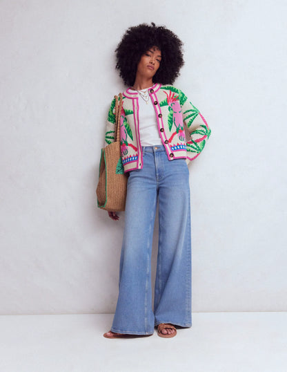 Abi Jacquard Cardigan-Warm Ivory, Palm Tree Birds