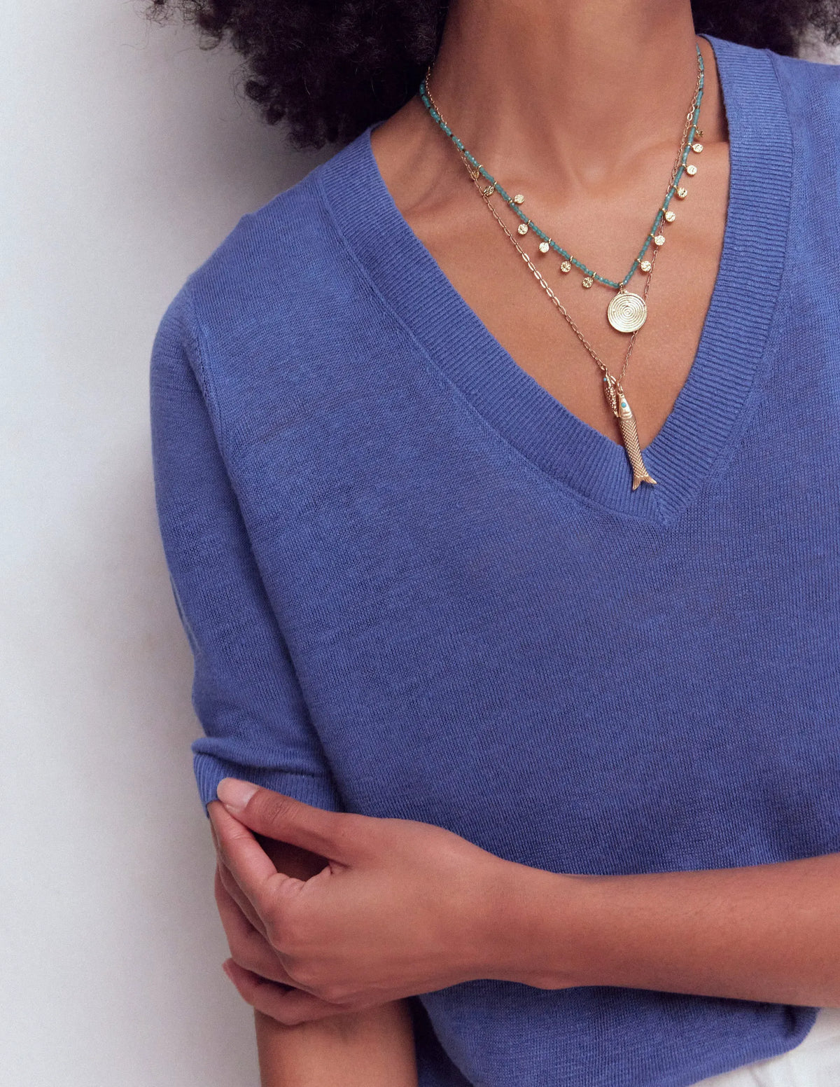 Agnes Linen V Neck T-Shirt-Solid Blue