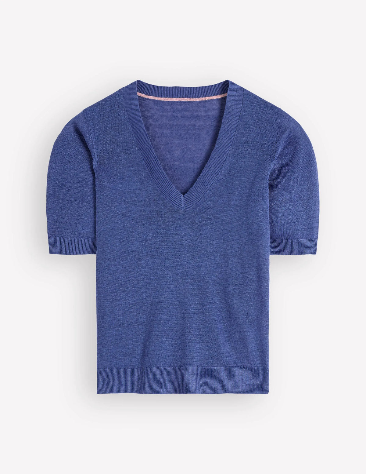 Agnes Linen V Neck T-Shirt-Solid Blue
